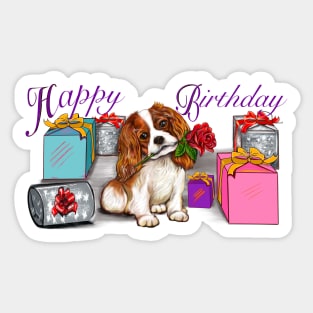 Happy birthday Cavoodle puppy dog with rose in its mouth surrounded by gifts ii. Cavapoo birthday Sticker